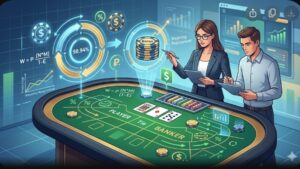 Иллюстрация с картами баккара и финансовыми графиками для анализа вейджера в онлайн-казино